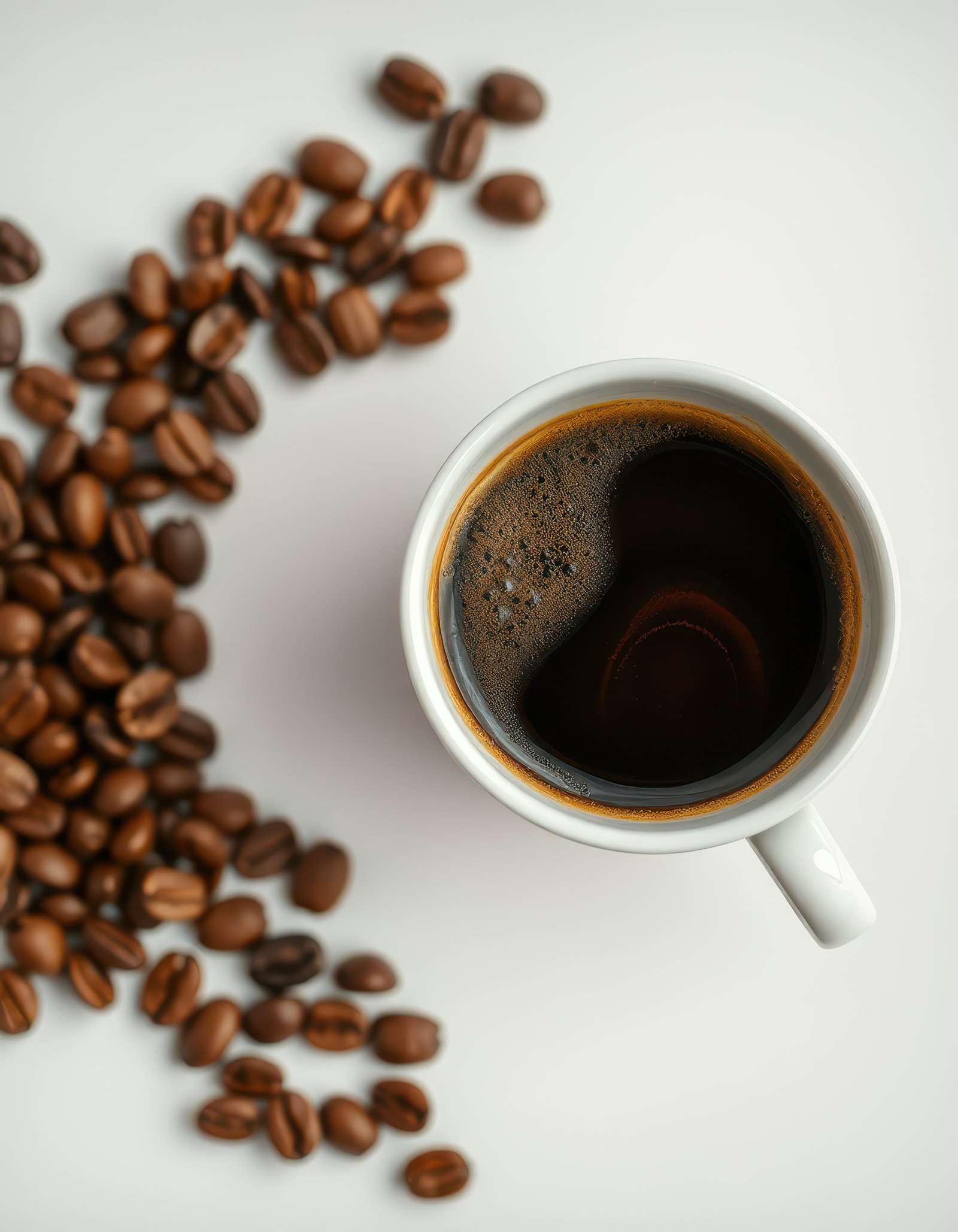 Freshly brewed coffee in a white cup surrounded by roasted coffee beans on a clean surface